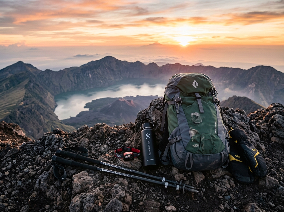 Technical expedition equipment, daypack, trekking poles, and alpine gear resting on volcanic summit ridge overlooking Mount Rinjani caldera